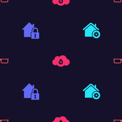 Set Smart home settings, House under protection, Humidity and Glasses on seamless pattern. Vector
