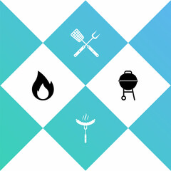 Set Fire flame, Sausage on the fork, Crossed and spatula and Barbecue grill icon. Vector
