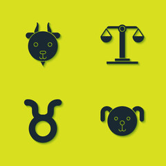Set Aries zodiac, Dog, Taurus and Libra icon. Vector