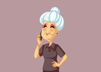 Happy Grandmother Talking on the Phone Vector Cartoon