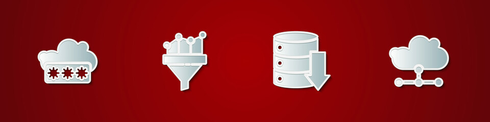 Set Password protection, Sales funnel with chart, Server, Data, Web Hosting and Network cloud connection icon. Vector