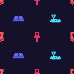 Set First communion symbols, Jewish kippah with star of david, Cross ankh and Holy bible book on seamless pattern. Vector