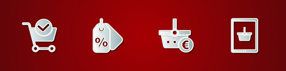 Set Shopping cart with check mark, Discount percent tag, basket and euro and on tablet icon. Vector