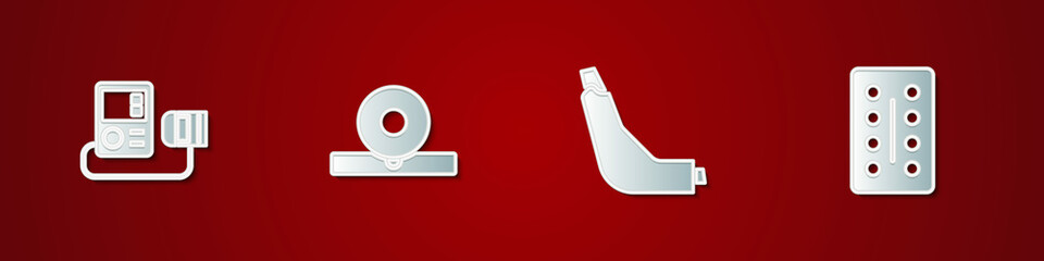 Set Blood pressure, Otolaryngological head reflector, Inhaler and Pills in blister pack icon. Vector