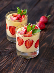Mango custard with fresh strawberry
