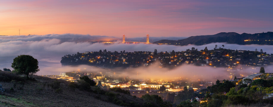 A rare valley fog pattern creates layers in the beautiful hills of Belvedere-Tiburon, with the Golden Gate in the background.