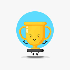 Cute trophy character meditating in yoga pose
