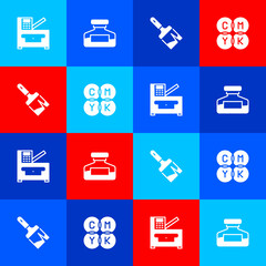 Set Copy machine, Ink bottle, Paint brush and CMYK color mixing icon. Vector