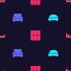 Set Big bed, Armchair, Wardrobe and Bed on seamless pattern. Vector