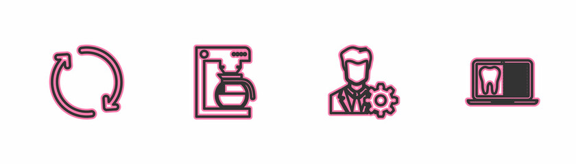 Set line Refresh, Profile settings, Coffee machine with pot and Laptop dental card icon. Vector