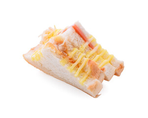 Sandwich with ham, cheese, tomatoes, lettuce, and toasted bread. Top view isolated on white background.