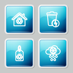 Set line Eco House with recycling, Lightning trash can, Tag recycle and Acid rain and radioactive cloud icon. Vector