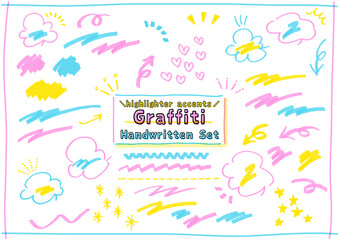 手書き　手描き　蛍光ペンの落書きセット