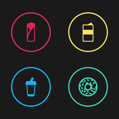 Set line Glass with water, Donut, Beer can and Burrito icon. Vector