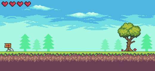 Pixel art arcade game scene with life bar, trees, board and clouds 8bit background © Kaleb