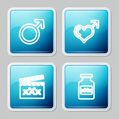 Set line Male gender symbol, and heart, Movie clapper with Sex and Bottle pills for potency icon. Vector