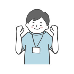 ガッツポーズをする男性スタッフ