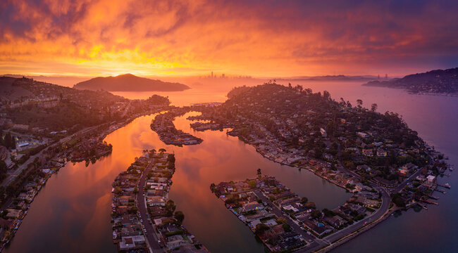 Sunrise over beautiful Belvedere-Tiburon, with the San Francisco skyline in the background