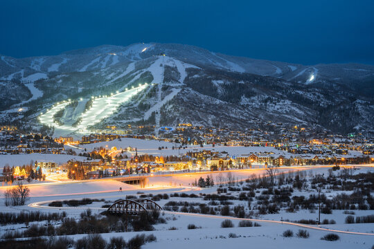 Twilight photo of Steamboat Springs Ski Resort, Colorado after a fresh snowfall. 