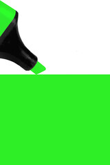 Bright electric fluorescent neon green felt tip pen marker highlighter painting large UFO background, isolated vertical blank empty copy space macro closeup