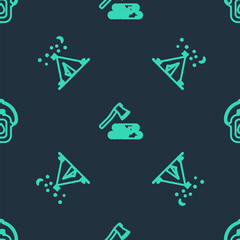 Set line Wooden axe and wood, Tourist tent with flag and Canteen water bottle on seamless pattern. Vector
