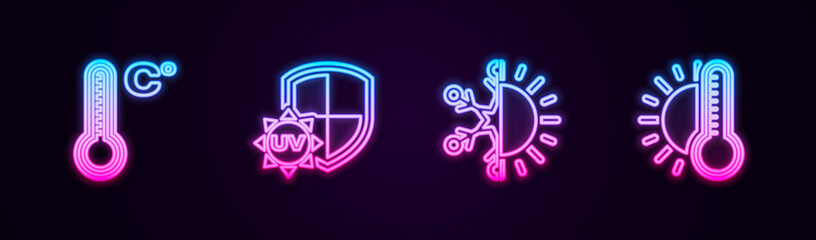 Set line Meteorology thermometer, UV protection, Sun and snowflake and Thermometer with sun. Glowing neon icon. Vector