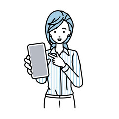 立ってスマートフォンを指差してこちらに向けて見せているブラウスの女性