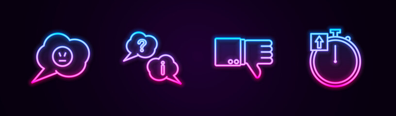 Set line Speech bubble with angry smile, Question and Exclamation, Dislike and Stopwatch. Glowing neon icon. Vector