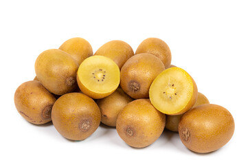 A ripe golden kiwi on a white background