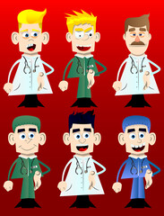 Funny cartoon doctor giving a hand. Vector illustration. Health care worker greeting you.