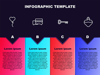 Set line Balloon in form of heart, Like and, Key shape and Bottle with love potion. Business infographic template. Vector