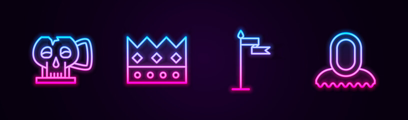Set line Cup from the skull, King crown, Medieval flag and hood. Glowing neon icon. Vector