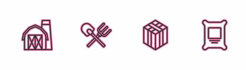 Set line Farm house, Bale of hay, Shovel and rake and Fertilizer bag icon. Vector