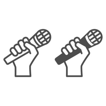 recommend clip art: Microphone in hand line and solid icon, sound design concept, hand holding mic vector sign on white background, outline style icon for mobile concept and web design. Vector graphics.