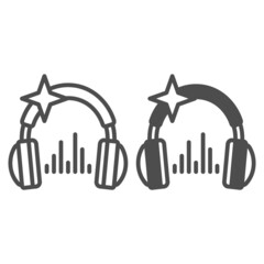 Headphones with star and music sound wave line and solid icon, sound design concept, headset vector sign on white background, outline style icon for mobile concept and web design. Vector graphics.