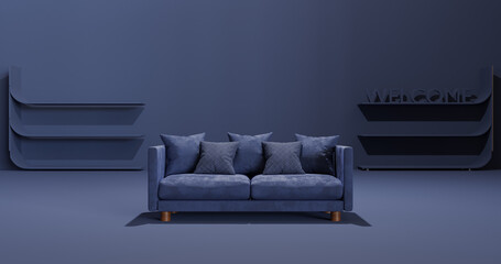 sofa design welcome decoration on gray blue background 3d rendering