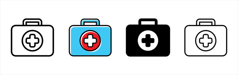 Medical kit bag icon. Medic briefcase icons set. First aid kit case vector icon set for web design.