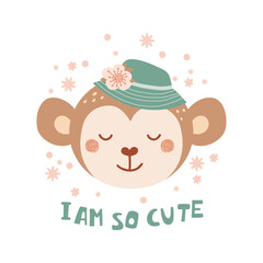 Cute poster with face wild monkey and in hat with flowers in flat style for kids. Lettering I am so cute. Illustration with animal in pastel colors. Print for children clothing and textiles. Vector
