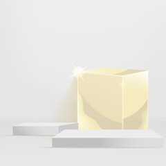 Studio room vector 3D shape product display presentation square podium yellow for cosmetic product together with white glass backdrop