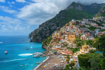 The picturesque small Italian town of Positano, descending from the terraces from the mountains to the Mediterranean Sea. This is one of the most famous places on the Amalfi Coast.