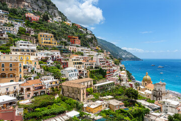 The picturesque small Italian town of Positano, descending from the terraces from the mountains to...