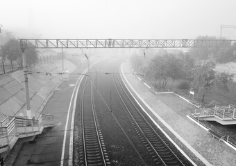 Railway station in the morning fog in Novosibirsk