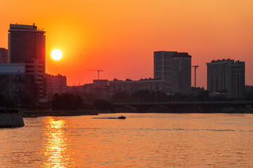 Sunset on a pond in the center of the city. Yekaterinburg, Russia