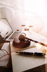 Business and lawyers discussing contract papers with brass scale on desk in office. Law, legal services, advice, justice and law concept picture with film grain effect