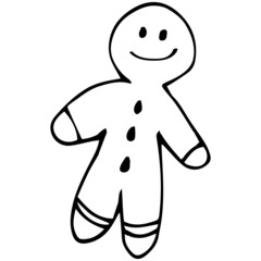 Vector image of a Christmas cookie in the shape of a man. Gingerbread man. Black outline. Hand-drawn. Design of posters, postcards, invitations, holiday decoration, decor, stickers, logo.