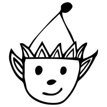 Vector image of a Christmas elf in a hat. The silhouette is a black outline. Design of posters, postcards, stickers, logos.