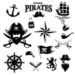 pirates icons set (saber, skull with bandanna and bones, hook,hat, old ship, anchor,barrel, rum)