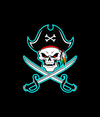 Fototapeta premium Pirate skull in hat and eye patch with two crossed sabers, vector illustration