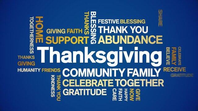 Thanksgiving Animated tag word cloud;text design animation kinetic typography seamless loop.