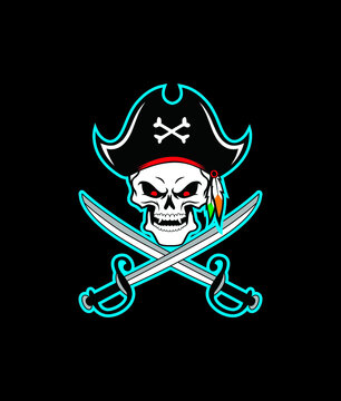 Pirate skull in hat and eye patch with two crossed sabers, vector illustration